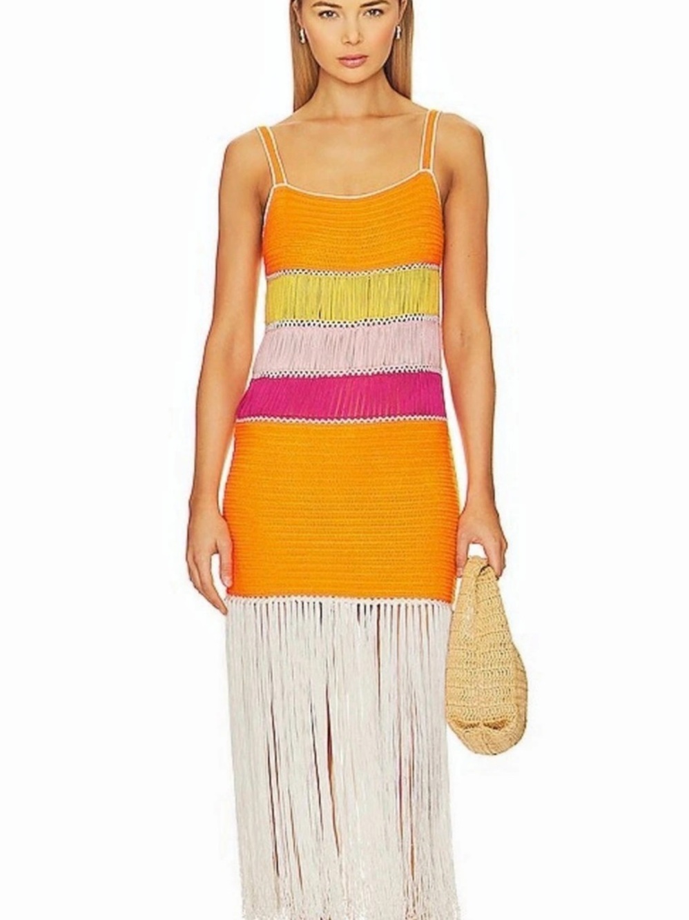 Faithful the Brand Color Block Fringe Midi Dress in Orange & Pink Size Small N